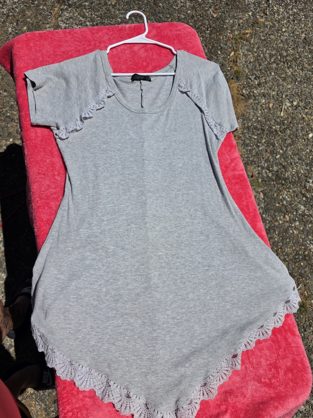 Doublju Gray Short Sleeve Tunic with Lace Hem